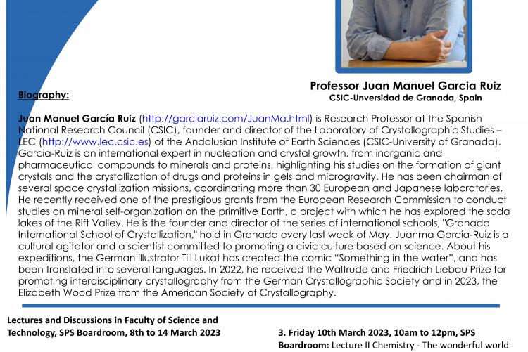 Prof Juan Manuel García Ruiz (http://garciaruiz.com/JuanMa.html) is Research Professor at the Spanish National Research Council (CSIC), founder and director of the Laboratory of Crystallographic Studies – LEC (http://www.lec.csic.es) of the Andalusian Institute of Earth Sciences (CSIC-University of Granada). Garcia-Ruiz is an international expert in nucleation and crystal growth, from inorganic and pharmaceutical compounds to minerals and proteins, highlighting his studies on the formation of giant crystals
